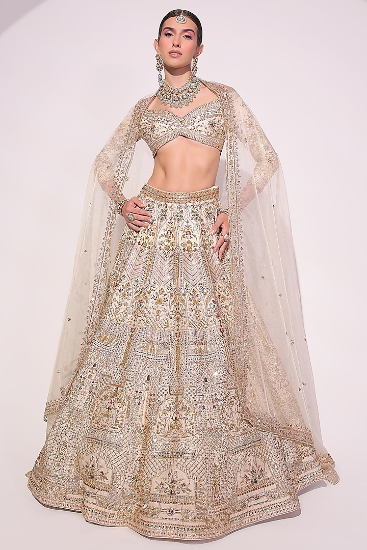 Ivory Raw Silk Crystal & Zardosi Embroidered Lehenga Set by Ruchika Hurria