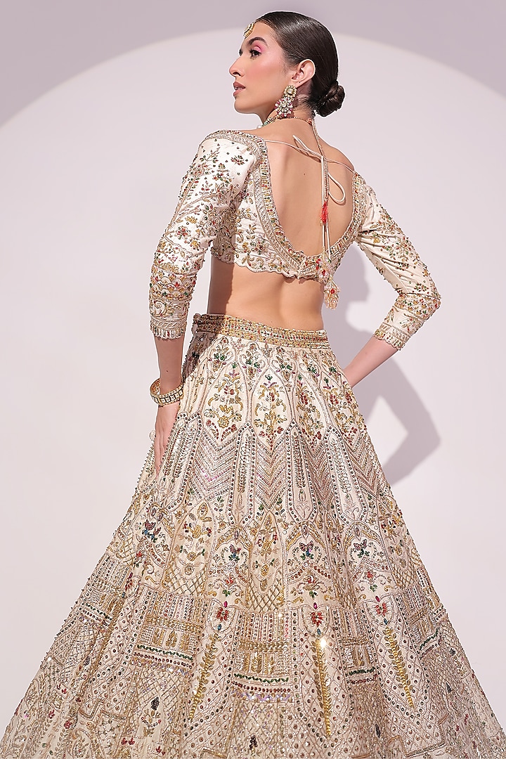 Ivory Raw Silk Crystal & Zardosi Embroidered Bridal Lehenga Set by Ruchika Hurria at Pernia's Pop Up Shop