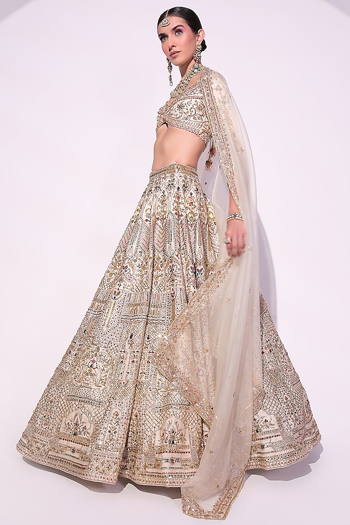 Ivory Raw Silk Crystal & Zardosi Embroidered Bridal Lehenga Set by Ruchika Hurria at Pernia's Pop Up Shop