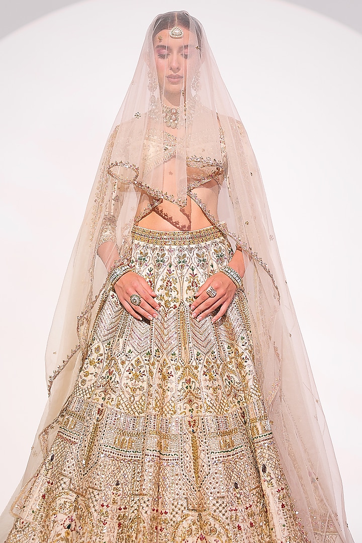 Ivory Raw Silk Crystal & Zardosi Embroidered Bridal Lehenga Set by Ruchika Hurria at Pernia's Pop Up Shop