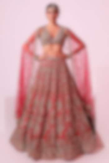 Hot Pink Net Pearl & Sequins Embroidered Lehenga Set by Ruchika Hurria