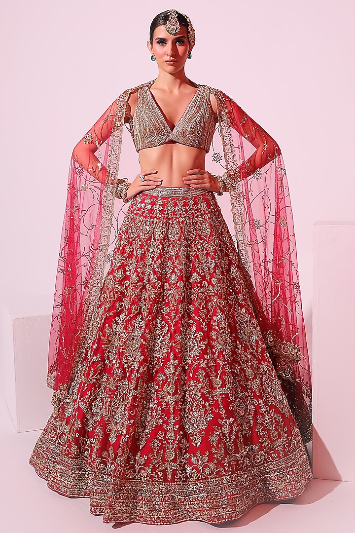 Hot Pink Net Pearl & Sequins Embroidered Lehenga Set by Ruchika Hurria