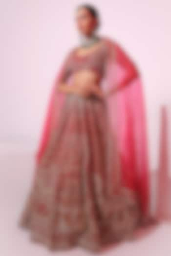 Rani Pink Velvet Crystal & Sequins Embroidered Lehenga set by Ruchika Hurria