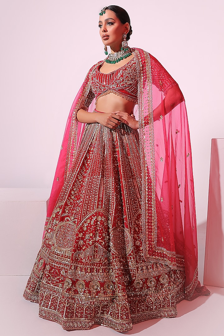 Rani Pink Velvet Crystal & Sequins Embroidered Lehenga set by Ruchika Hurria