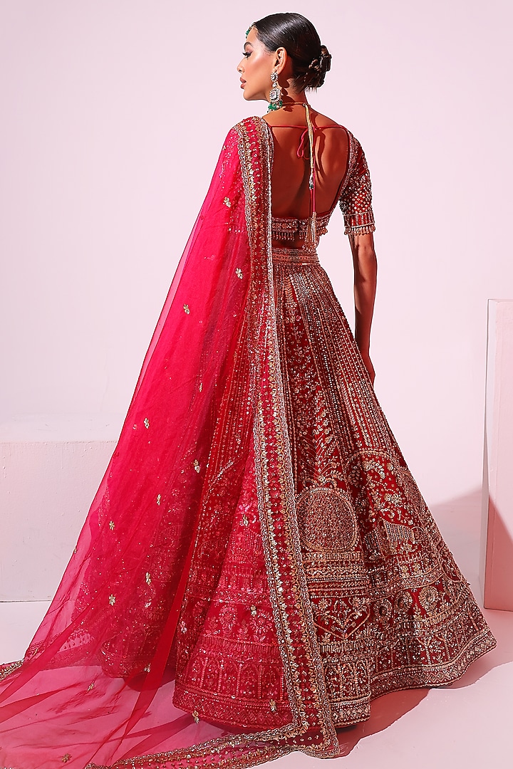 Rani Pink Velvet Crystal & Sequins Embroidered Bridal Lehenga set by Ruchika Hurria at Pernia's Pop Up Shop