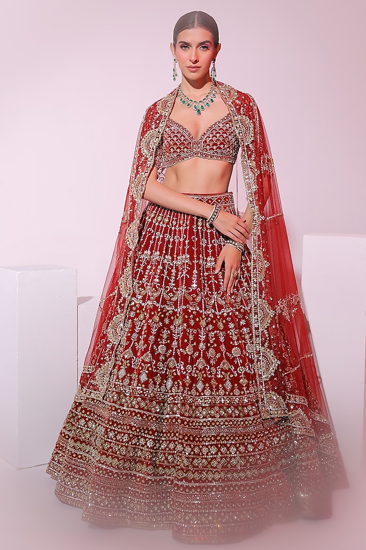 Maroon Velvet Crystal & Sequins Embroidered Lehenga set by Ruchika Hurria