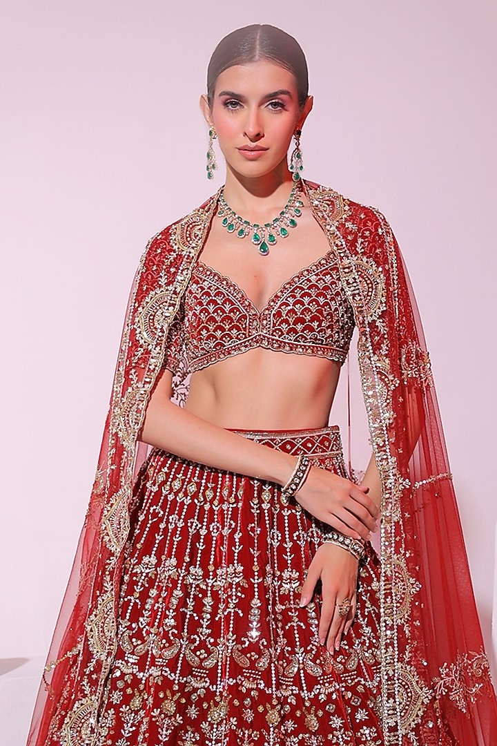 Maroon Velvet Crystal & Sequins Embroidered Bridal Lehenga set by Ruchika Hurria at Pernia's Pop Up Shop