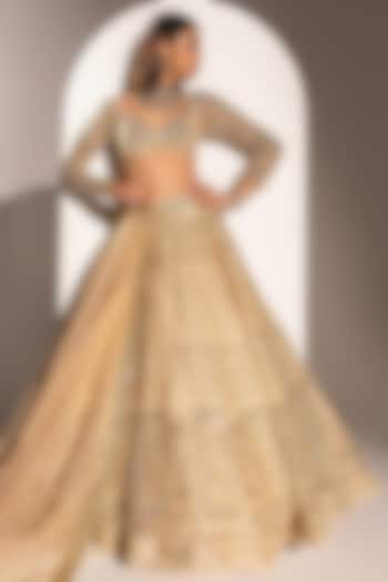 Peach Net Sequins Hand Embellished Lehenga Set by Ruchika Hurria