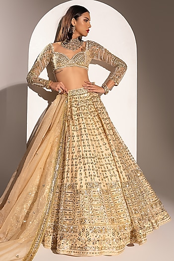Peach Net Sequins Hand Embellished Bridal Lehenga Set by Ruchika Hurria at Pernia's Pop Up Shop