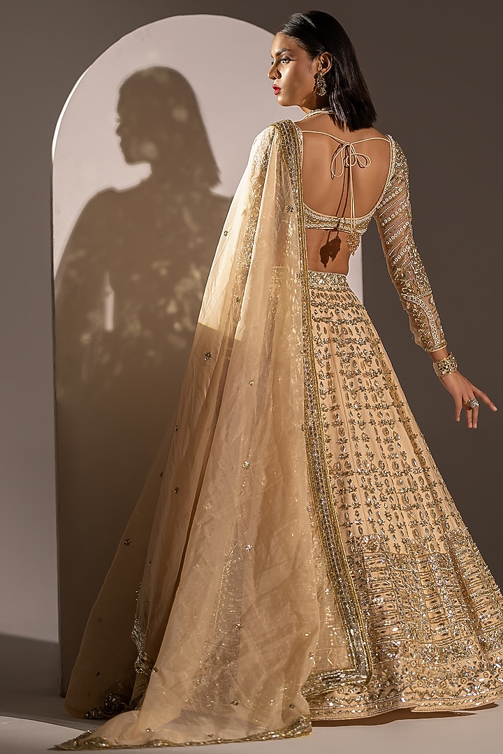 Peach Net Sequins Hand Embellished Bridal Lehenga Set by Ruchika Hurria at Pernia's Pop Up Shop