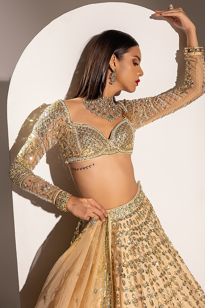 Peach Net Sequins Hand Embellished Bridal Lehenga Set by Ruchika Hurria at Pernia's Pop Up Shop