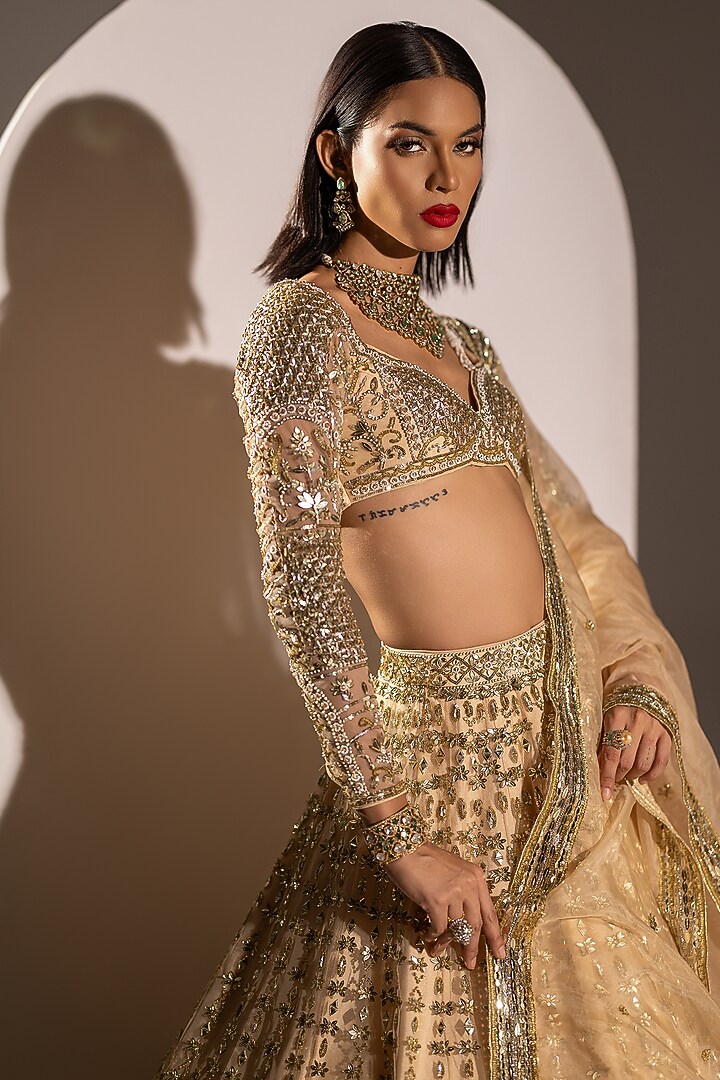 Peach Net Sequins Hand Embellished Bridal Lehenga Set by Ruchika Hurria at Pernia's Pop Up Shop