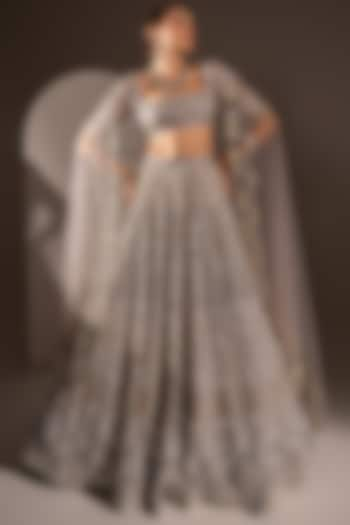 Grey Net Crystal & Pearl Work Lehenga Set by Ruchika Hurria