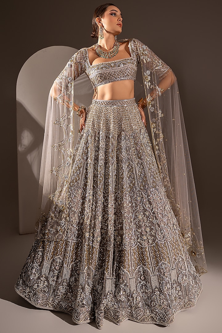 Grey Net Crystal & Pearl Work Lehenga Set by Ruchika Hurria