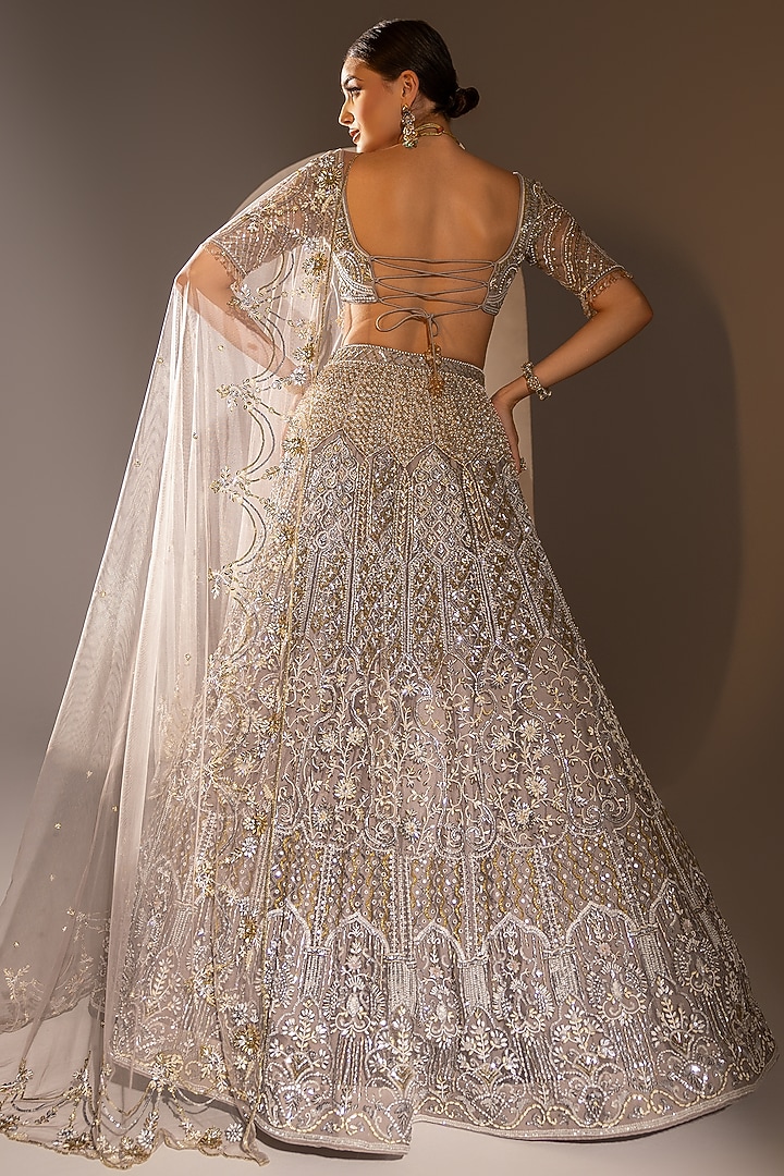 Grey Net Crystal & Pearl Work Bridal Lehenga Set by Ruchika Hurria at Pernia's Pop Up Shop