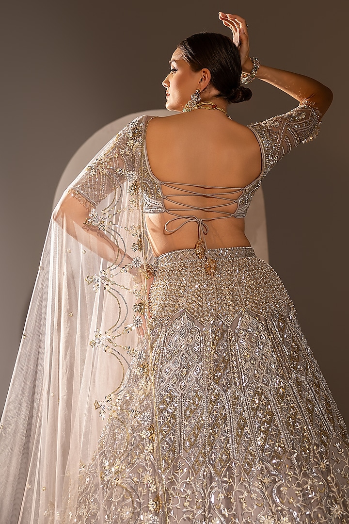 Grey Net Crystal & Pearl Work Bridal Lehenga Set by Ruchika Hurria at Pernia's Pop Up Shop