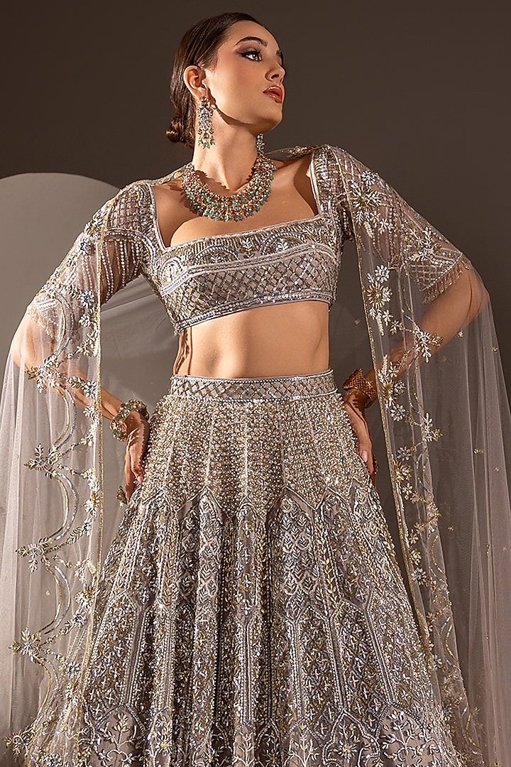 Grey Net Crystal & Pearl Work Bridal Lehenga Set by Ruchika Hurria at Pernia's Pop Up Shop