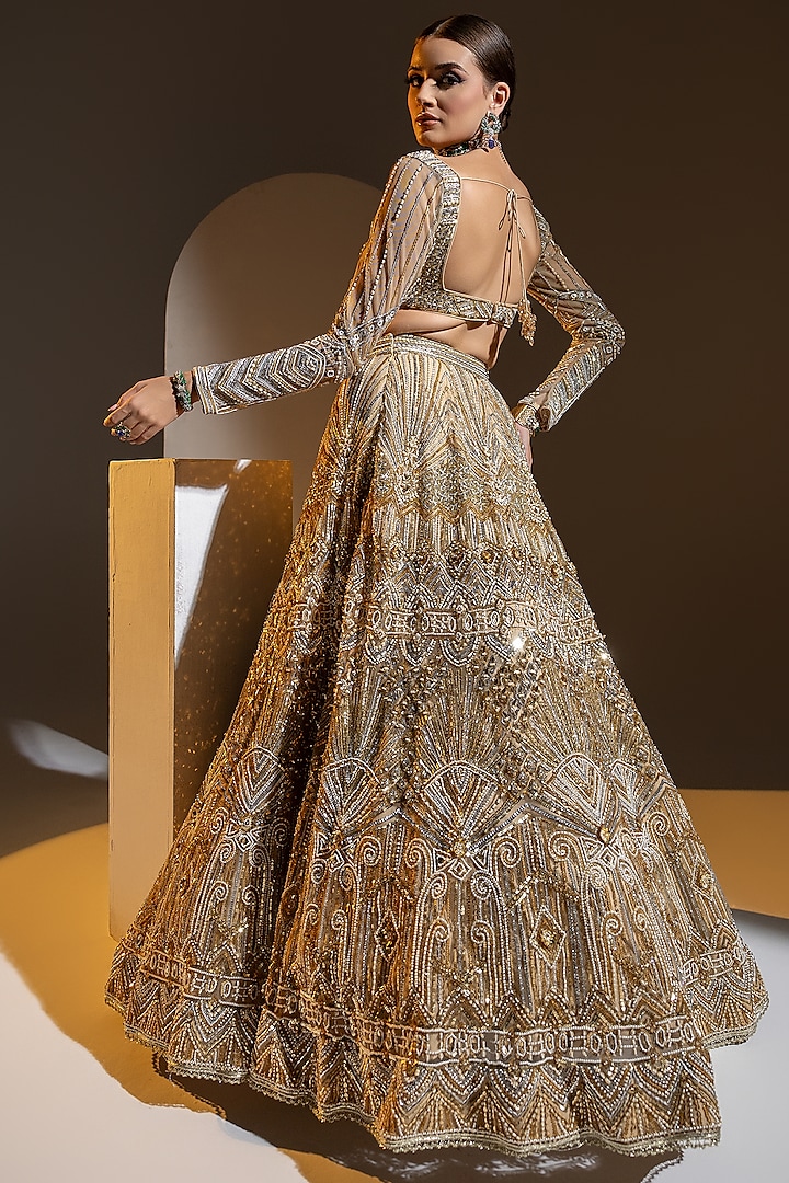 Beige Net 3D Embroidered Bridal Lehenga Set by Ruchika Hurria at Pernia's Pop Up Shop