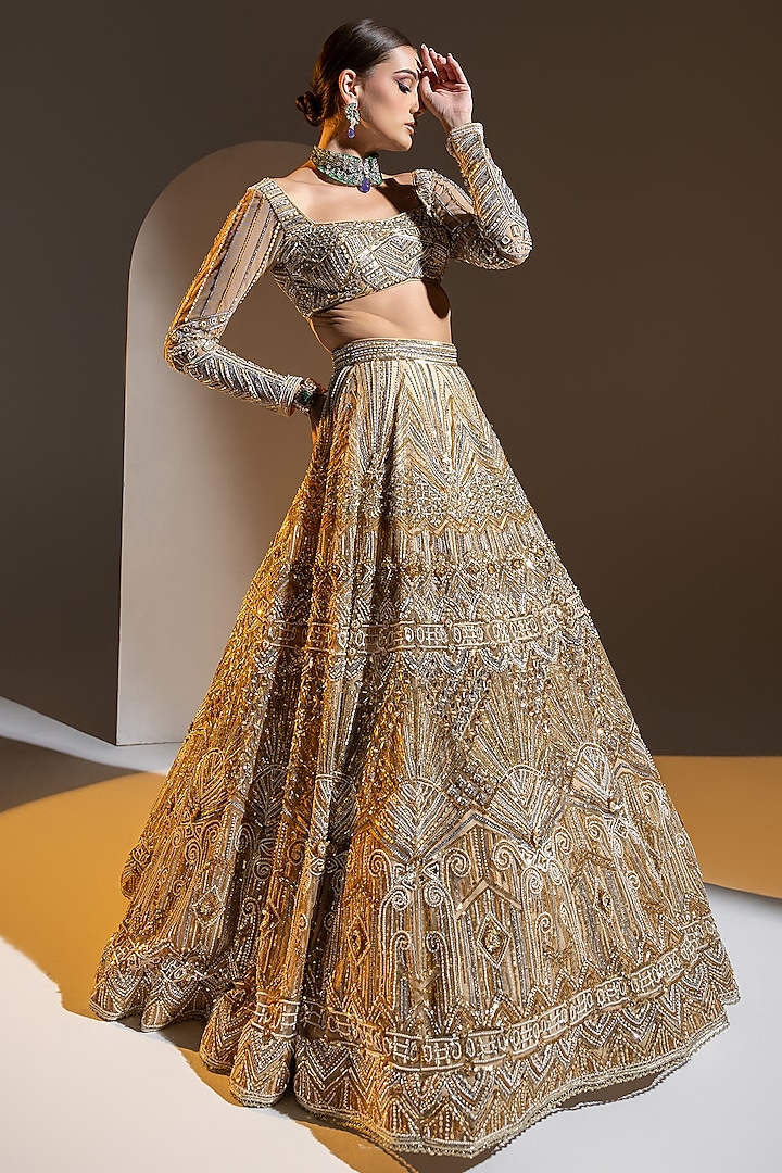 Beige Net 3D Embroidered Bridal Lehenga Set by Ruchika Hurria at Pernia's Pop Up Shop