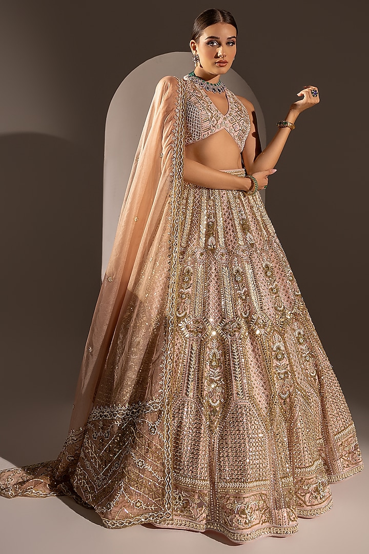 Powder Pink Net Sequins & Zari Embroidered Lehenga Set by Ruchika Hurria