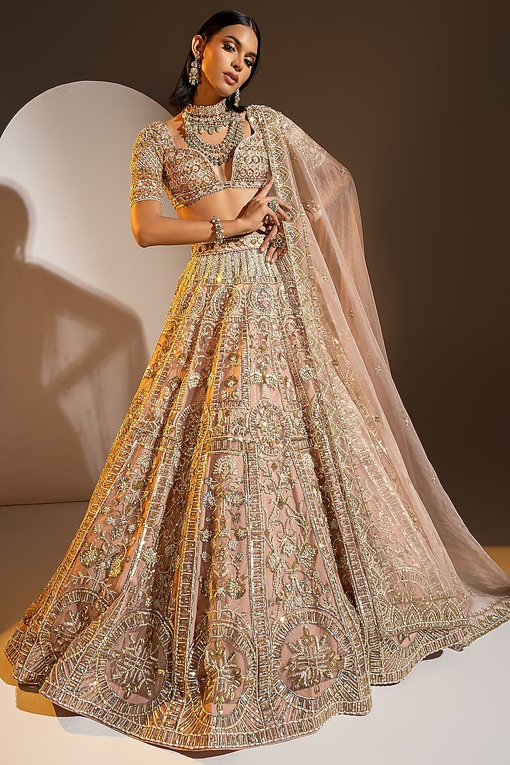 Blush Pink Net Sequins & Pearl Embroidered Lehenga Set by Ruchika Hurria