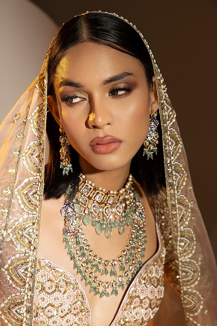 Blush Pink Net Sequins & Pearl Embroidered Bridal Lehenga Set by Ruchika Hurria at Pernia's Pop Up Shop