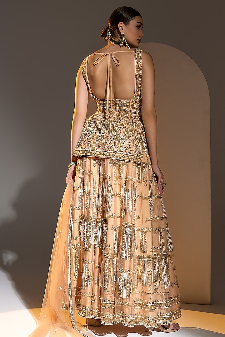 Peach Net Sequins & Pearl Embroidered Palazzo Pant Set by Ruchika Hurria at Pernia's Pop Up Shop