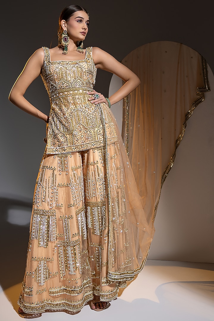 Peach Net Sequins & Pearl Embroidered Palazzo Pant Set by Ruchika Hurria at Pernia's Pop Up Shop