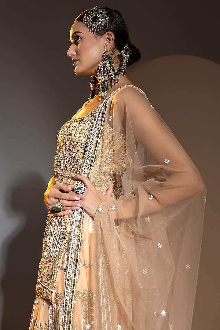 Peach Net Sequins & Pearl Embroidered Palazzo Pant Set by Ruchika Hurria at Pernia's Pop Up Shop