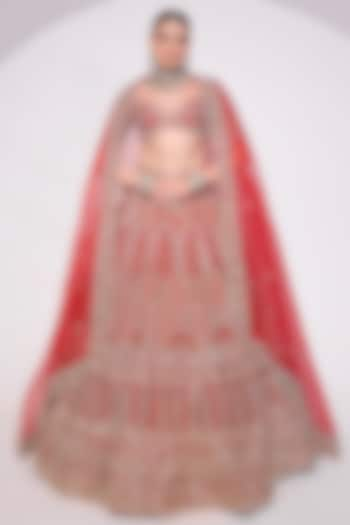 Deep Red Raw Silk Sequins & Zardosi Embroidered Bridal Lehenga Set by Ruchika Hurria at Pernia's Pop Up Shop