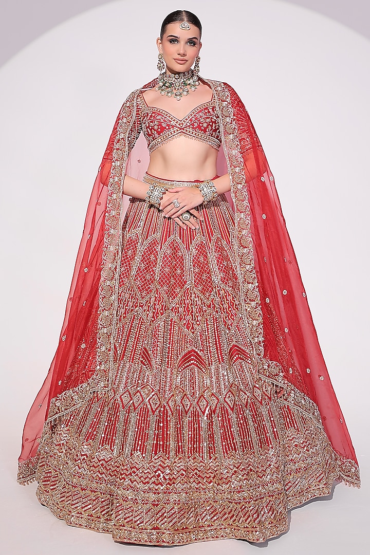 Deep Red Raw Silk Sequins & Zardosi Embroidered Bridal Lehenga Set by Ruchika Hurria at Pernia's Pop Up Shop