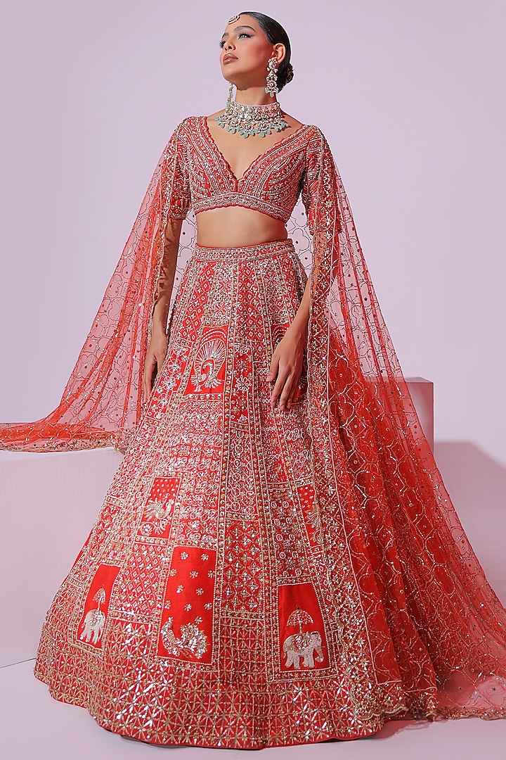 Burnt Orange Raw Silk Sequins & Crystal Embroidered Lehenga Set by Ruchika Hurria