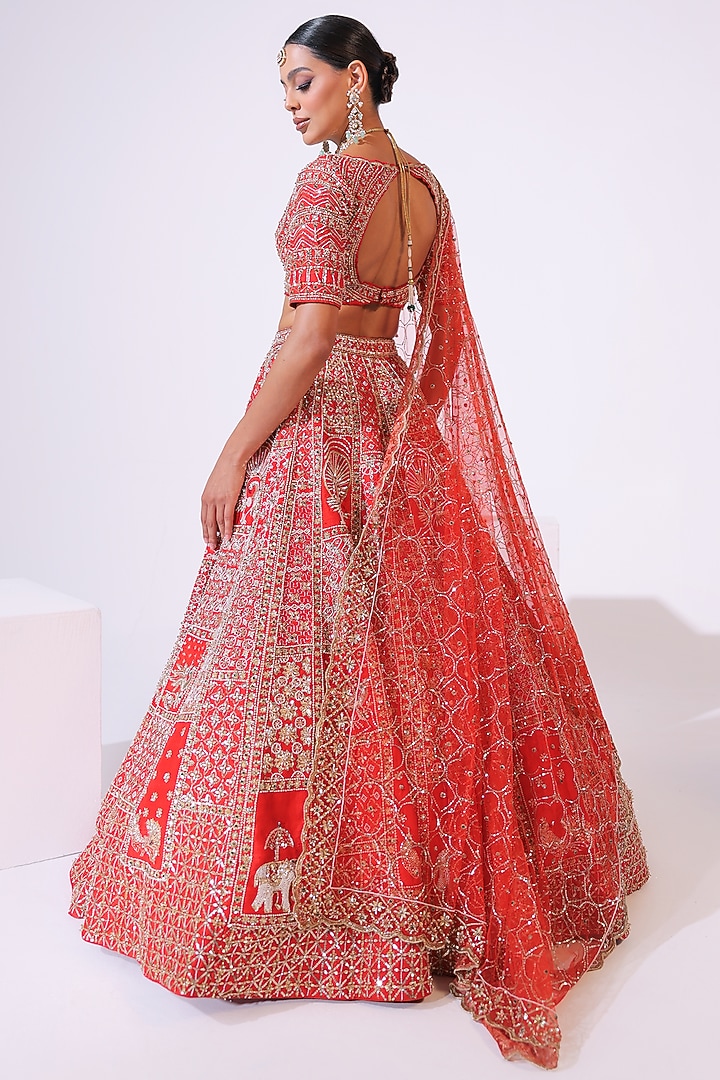 Burnt Orange Raw Silk Sequins & Crystal Embroidered Bridal Lehenga Set by Ruchika Hurria at Pernia's Pop Up Shop