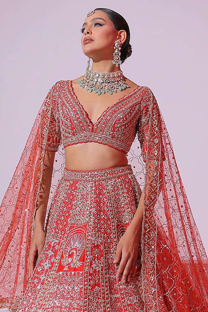 Burnt Orange Raw Silk Sequins & Crystal Embroidered Bridal Lehenga Set by Ruchika Hurria at Pernia's Pop Up Shop