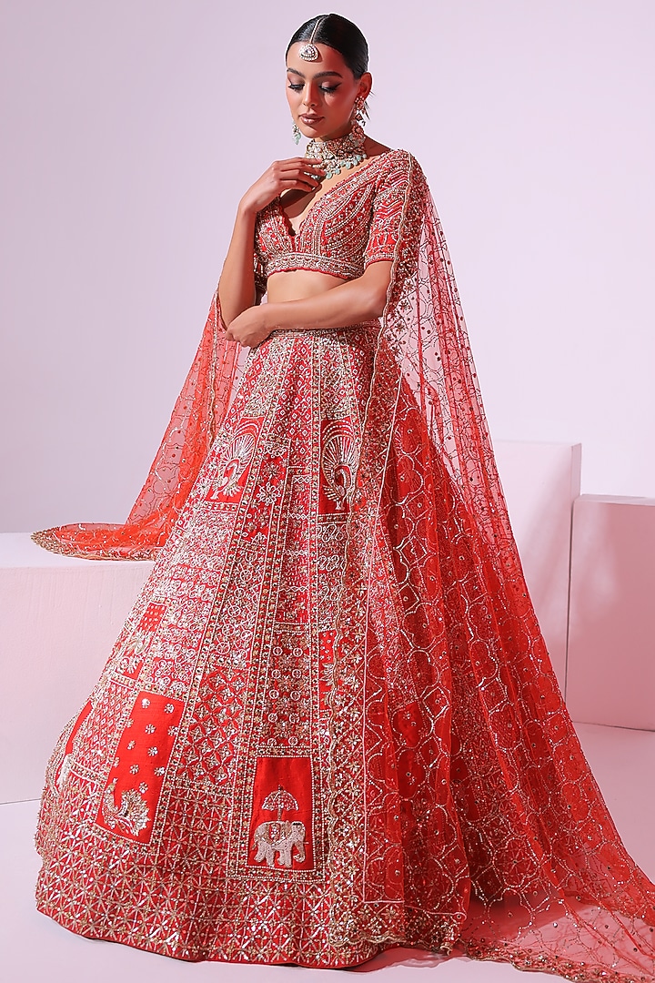 Burnt Orange Raw Silk Sequins & Crystal Embroidered Bridal Lehenga Set by Ruchika Hurria at Pernia's Pop Up Shop
