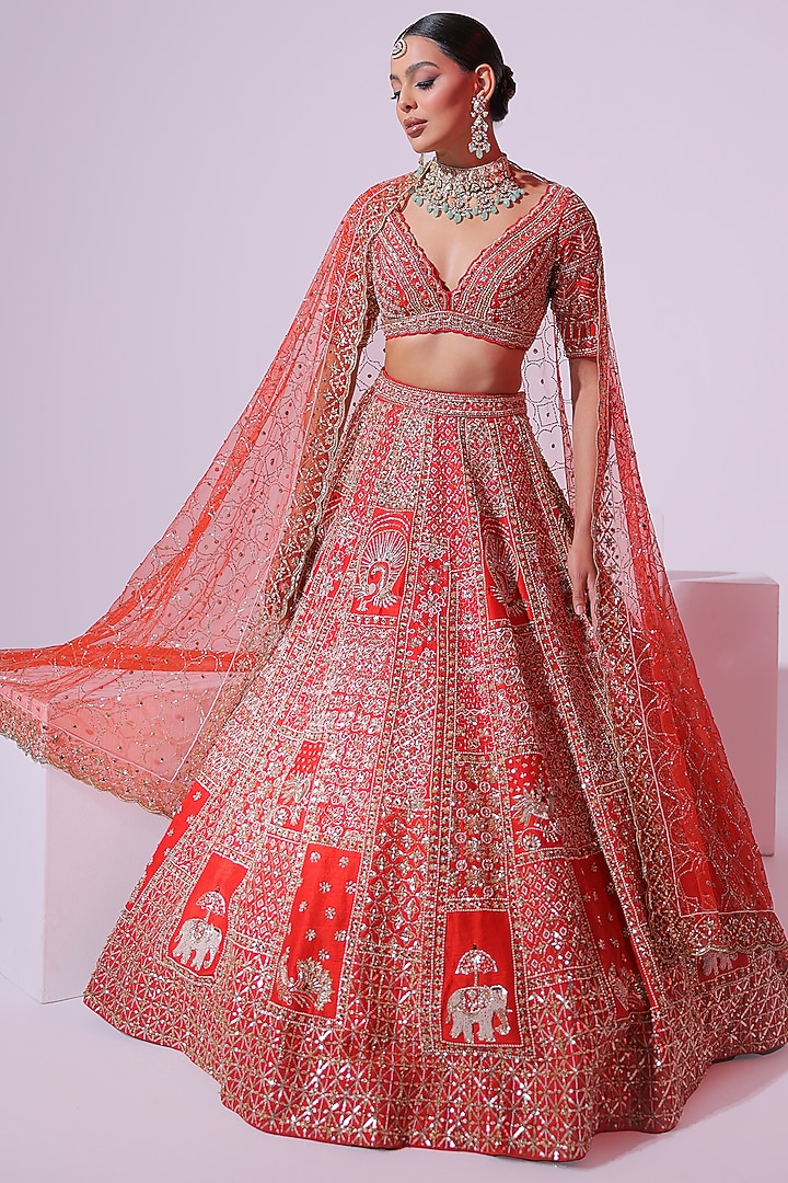 Burnt Orange Raw Silk Sequins & Crystal Embroidered Bridal Lehenga Set by Ruchika Hurria at Pernia's Pop Up Shop