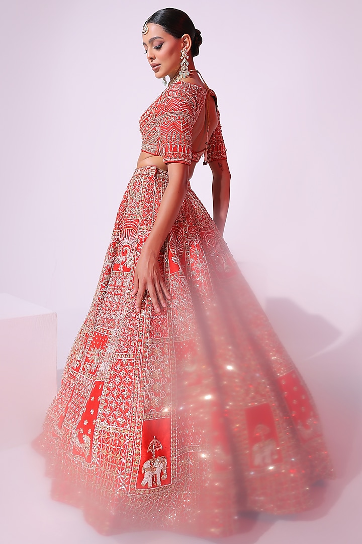 Burnt Orange Raw Silk Sequins & Crystal Embroidered Bridal Lehenga Set by Ruchika Hurria at Pernia's Pop Up Shop