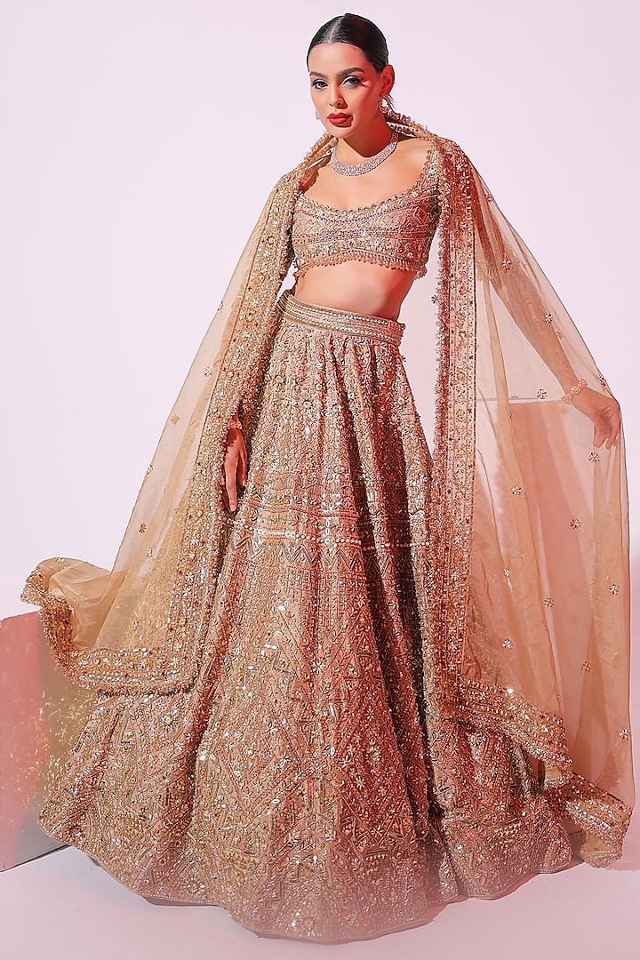 Gold Raw Silk Sequins & Zardosi Embroidered Lehenga Set by Ruchika Hurria