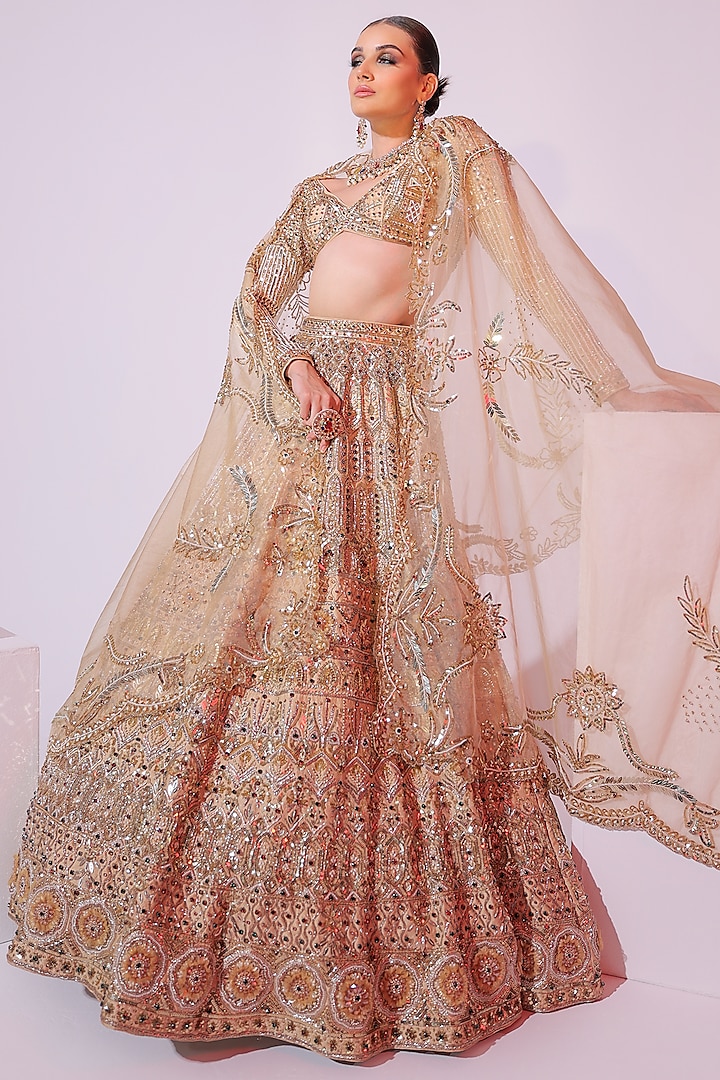 Gold Raw Silk Sequins Embroidered Lehenga Set by Ruchika Hurria