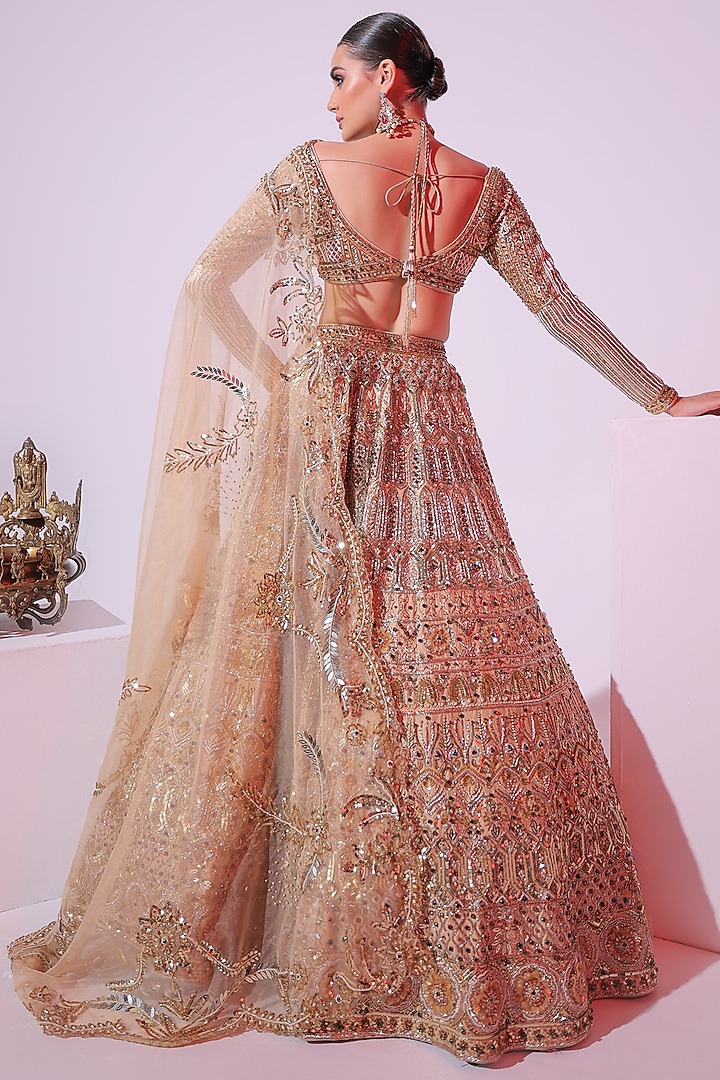 Gold Raw Silk Sequins Embroidered Bridal Lehenga Set by Ruchika Hurria at Pernia's Pop Up Shop