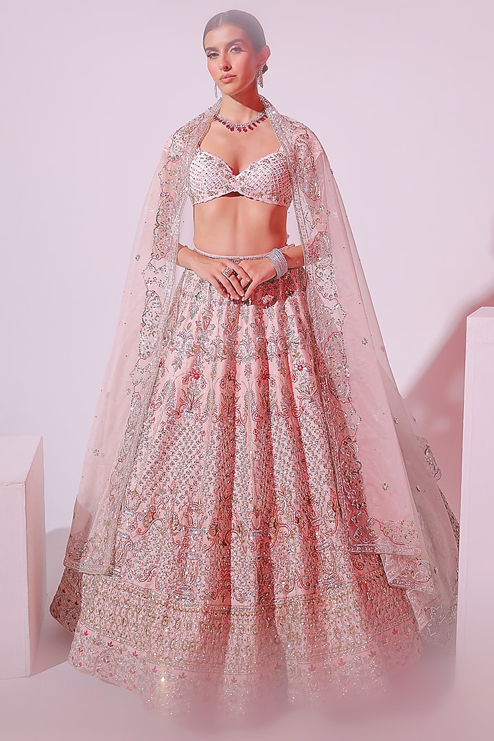 Pink Raw Silk Sequins & Zari Embroidered Lehenga Set by Ruchika Hurria