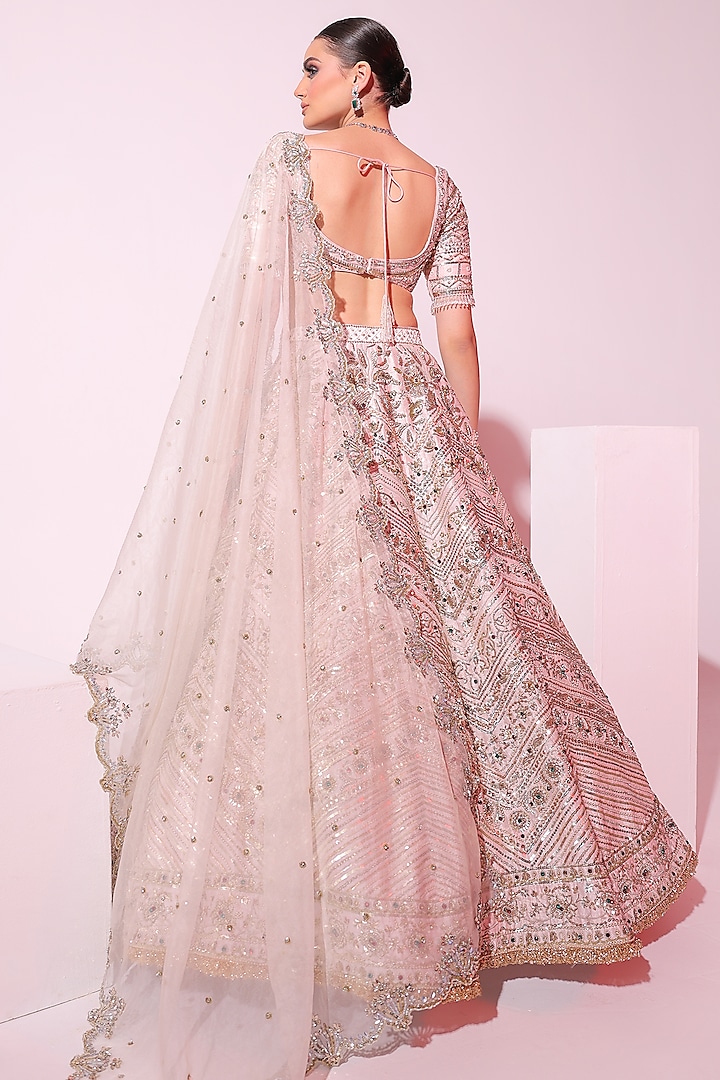Powder Pink Raw Silk Zardosi Embroidered Bridal Lehenga Set by Ruchika Hurria at Pernia's Pop Up Shop