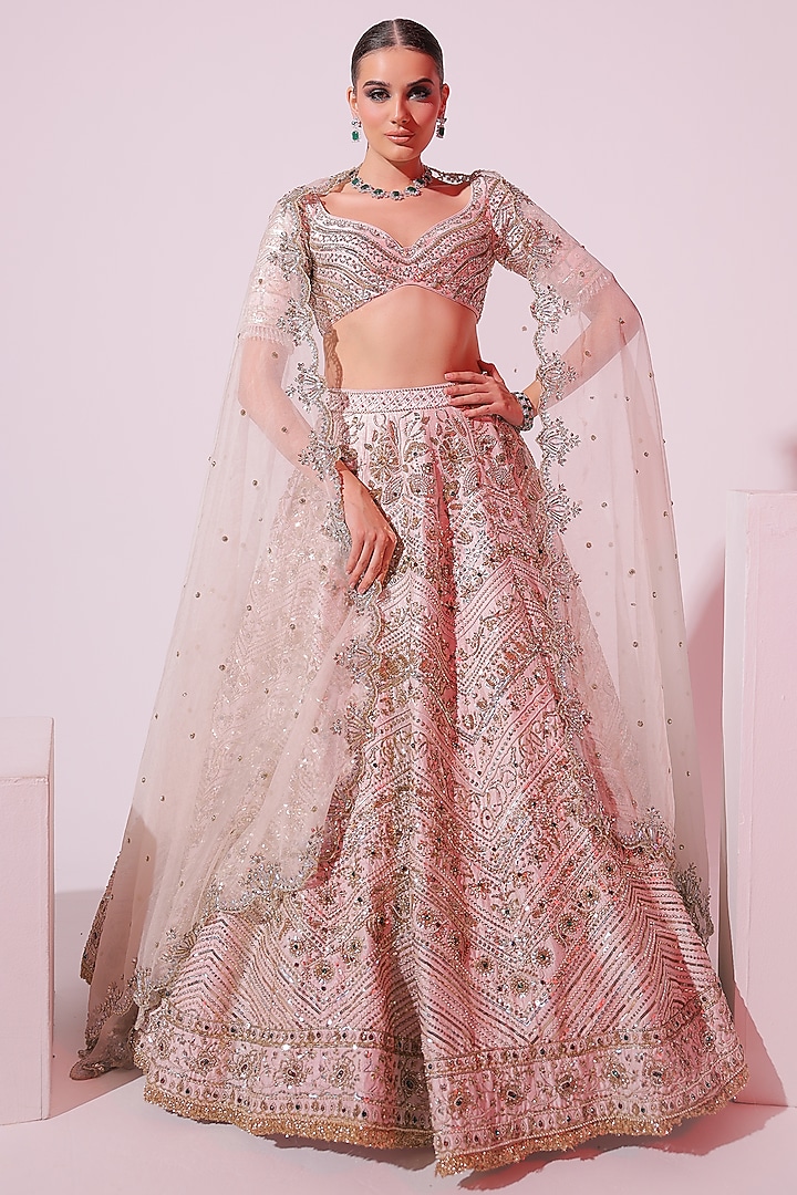 Powder Pink Raw Silk Zardosi Embroidered Bridal Lehenga Set by Ruchika Hurria at Pernia's Pop Up Shop