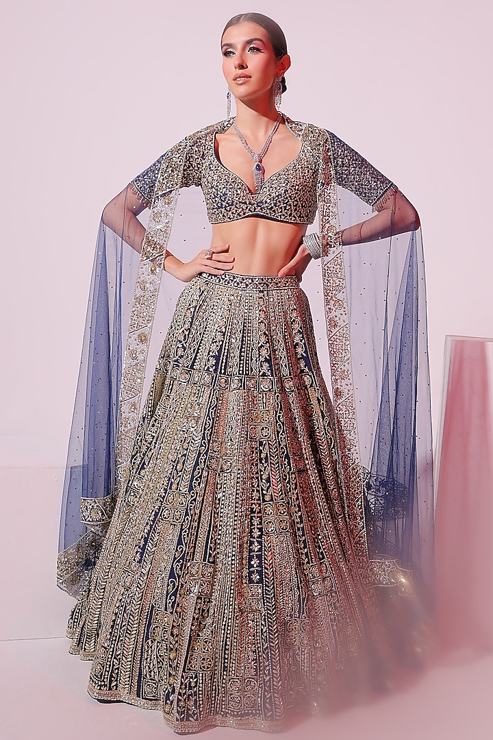 Navy Blue Net 3D Embroidered Bridal Lehenga Set by Ruchika Hurria at Pernia's Pop Up Shop