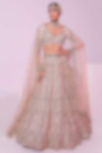 Powder Peach Raw Silk Zari Embroidered Lehenga Set by Ruchika Hurria