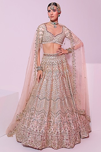 Powder Peach Raw Silk Zari Embroidered Bridal Lehenga Set by Ruchika Hurria at Pernia's Pop Up Shop