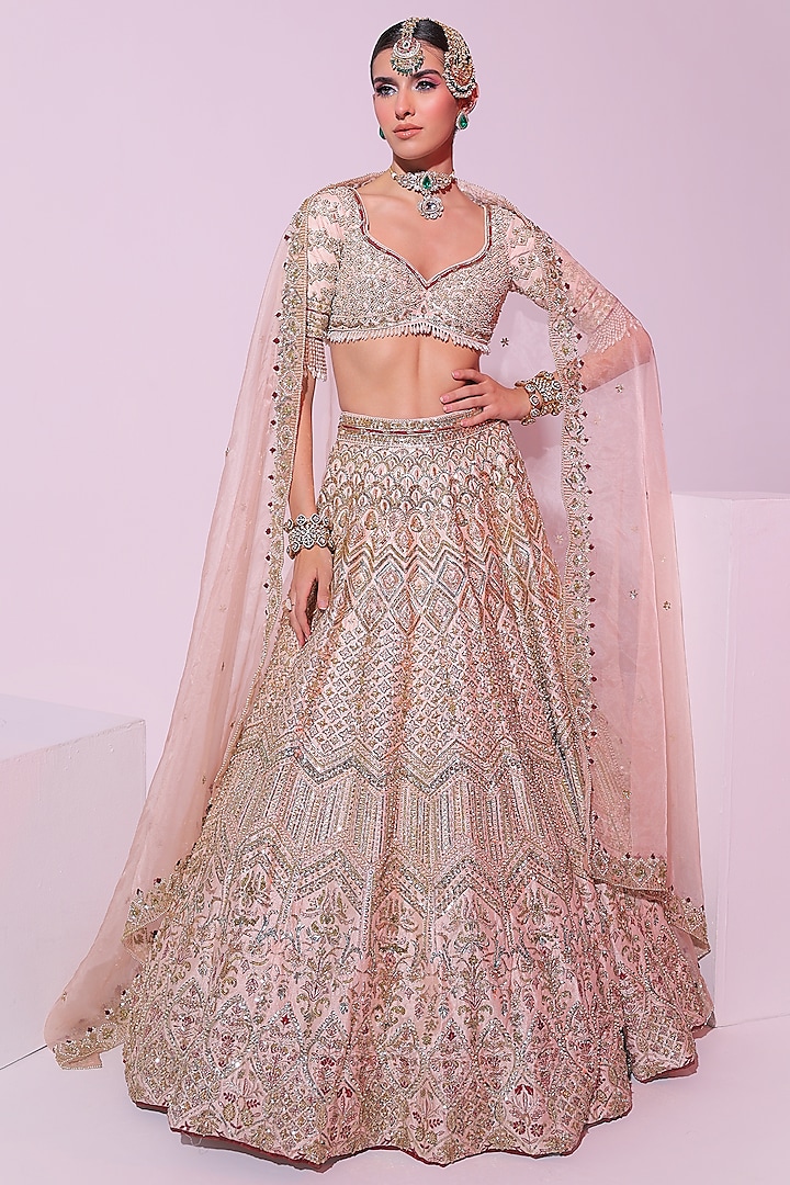 Powder Peach Raw Silk Zari Embroidered Lehenga Set by Ruchika Hurria