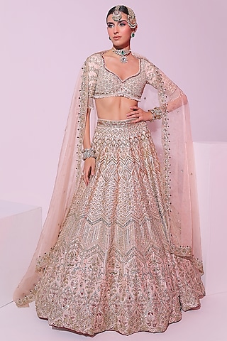 Powder Peach Raw Silk Zari Embroidered Lehenga Set by Ruchika Hurria