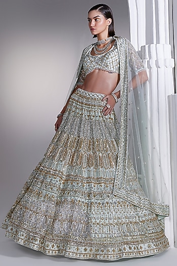 Ice Blue Net Nakshi & Crystal Embroidered Bridal Lehenga Set by Ruchika Hurria at Pernia's Pop Up Shop
