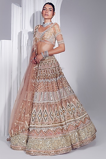 Skin Colored Net Sequins & Pearl Embroidered Bridal Lehenga Set by Ruchika Hurria at Pernia's Pop Up Shop